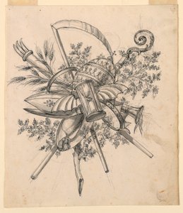 Dibujo, Trofeo con reloj de arena alado, 1830-1850 de Romolo Achille Liverani
