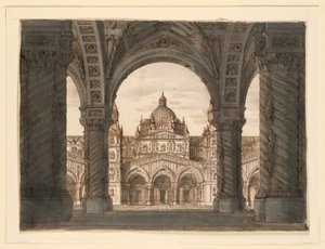 Diseño de escenario, fachada de iglesia desde una logia, I due Valdomiri de Felice Romani, música de Pietro de Winter. Representado en La Scala, Milán, 1818 de Romolo Achille Liverani