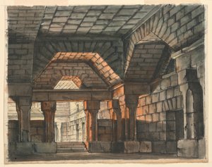 Diseño de escenario, interior del castillo fortificado para "Ciro en Babilonia" de Gioachino Rossini, La Scala, Milán, 1818, "Prigione Sotterranea" de Romolo Achille Liverani
