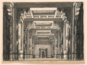 Diseño de escenario, interior de salón gótico de Romolo Achille Liverani