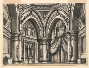 Diseño Escénico, Interior de Sala Gótica Alta con Arcos Ojivales de Romolo Achille Liverani