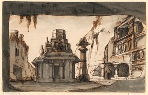 Diseño de escenario, edificios orientales entre cuevas y rocas