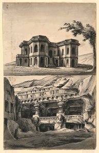Diseños de escenario, castillo en paisaje y templos y cuevas