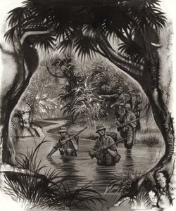 Tropas ANZAC cruzando un río selvático durante una patrulla de la II Guerra Mundial (gouache sobre papel)