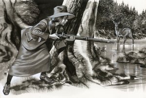 Annie Oakley disparando a un ciervo de Ron Embleton