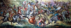 Batalla entre indios americanos y soldados (gouache sobre papel) de Ron Embleton