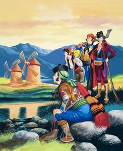 Soplar las velas del molino, ilustración de "Miguel y los hombres poderosos" (gouache sobre papel)