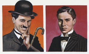 Charlie Chaplin, disfrazado y como era en realidad (litografía en color) de Ron Embleton