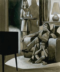 Una familia viendo la televisión en blanco y negro en los años 60 de Ron Embleton