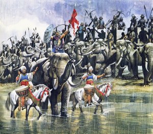 El ejército del rey Poro se enfrenta a Alejandro Magno bajo una lluvia torrencial