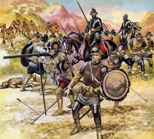 México, españoles reuniendo una expedición para encontrar una ciudad dorada al norte (litografía en color)