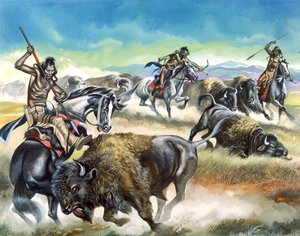 Indios nativos americanos matando bisontes americanos (gouache sobre papel) de Ron Embleton