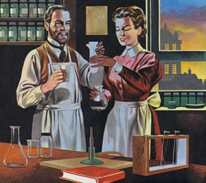 Pierre y Marie Curie en su laboratorio de París (litografía en color)