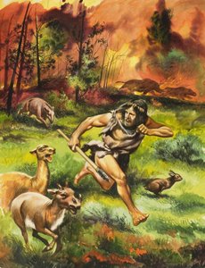 Hombre de la Edad de Piedra huyendo del fuego