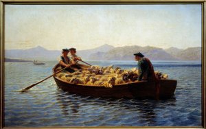 Cambio de pastoreo. Pastores embarcando el rebaño de ovejas para llevarlas a la otra orilla. Pintura de Rosa Bonheur (1822-1899) de Rosa Bonheur