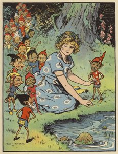 Niña rodeada de duendes (litografia en color) de Rosa Petherick