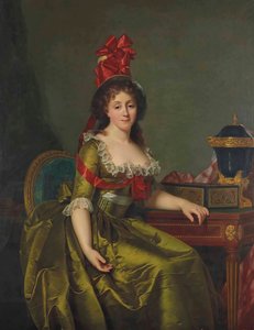 Retrato de una dama, con un vestido de satén verde y un sombrero con cintas rojas de Rose Adelaide Ducreux