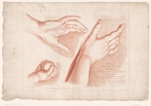 Imagen del título con tres manos. Principios del dibujo de la naturaleza, octava parte (título de la serie) VIIIe Cahier de Principes du Design d