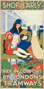 Compra temprano, viaja cómodo en los tranvías de Londres, cartel de los Tranvías del Consejo del Condado de Londres, 1928