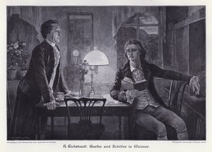 Escritores alemanes Friedrich Schiller y Johann Wolfgang von Goethe en Weimar (grabado) de Rudolf Eichstaedt