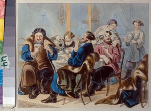 Té y azúcar. Bebiendo té en una taberna par Zhukovsky, Rudolf Kasimirovich (1814-1886), Primer cuarto del siglo XIX - Litografía, acuarela - Museo Estatal de Historia, Moscú de Rudolf Kasimirovich Zhukovsky