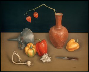Naturaleza muerta con pimientos (cuchillo, jarrón, flor de farolillo)