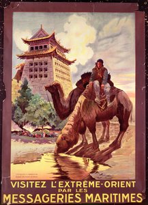 Camellos bebiendo agua frente a las Puertas de Pekín, cartel publicitario de 