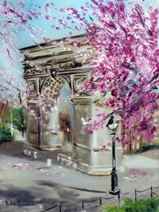 Cerezos en flor en Washington Square Park Nueva York, 2022 (óleo sobre lienzo) de Ruslana Levandovska