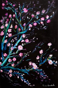 Cerezos en flor en negro, 2024 (óleo sobre lienzo) de Ruslana Levandovska
