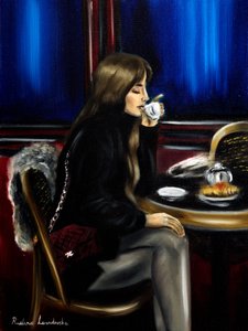 Mujer en un café de París II, 2024 (óleo sobre lienzo) de Ruslana Levandovska