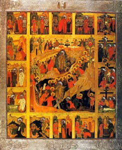 El descenso al infierno con las escenas de la Pasión de Cristo, siglo XVI de Russian icon.