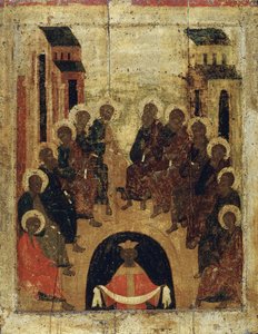 El descenso del Espíritu Santo sobre los apóstoles, c. 1410 de Russian icon.