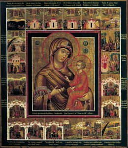 La Virgen de Tikhvin con Escenas de Borde de Russian icon.