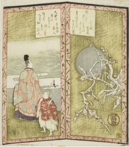 Flores de ciruelo y poeta, de un hexaptych sin título que representa un par de biombos de Ryuryukyo Shinsai