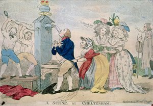 Una escena en Cheltenham. Caricatura satírica, pub. 1788 de S.W. Fores