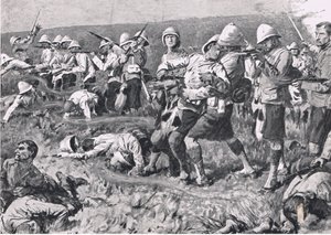 Majuba Hill, 27 de febrero de 1881 (Primera Guerra Bóer), ilustración de British Battles on Land and Sea, 1915 de S. Begg