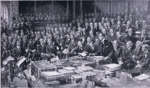 Uno de los eventos más importantes en la historia del Parlamento 3 de agosto de 1914, de la Historia de los británicos de Cassell publicada por la Waverley Book Company Limited, c.1940