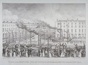 Vista del muelle de navegación a vapor propuesto en la desembocadura del río Lea, c.1835 de S. Hemming