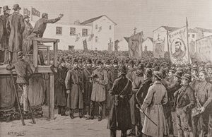 Policía vigilando a un reportero del Gobierno en una reunión sobre el plan de campaña, de "The Illustrated London News", 8 de enero de 1887 (grabado). de S. T. Dadd