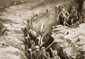 Subteniente Turner dirigiendo un bombardeo sobre una trinchera de comunicación alemana (litografía) de S. T. Dadd