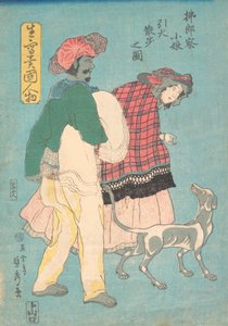 Una joven dama francesa y un sirviente siamés paseando a un perro, noviembre de 1860
