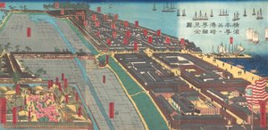 Impresión detallada de Yokohama Hon-cho y el barrio de placer Miyozaki, 4º mes. 1860