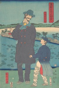 Holandés y niño viendo el Santuario Benten en el estanque Shinobazu, 7º mes, 1861