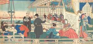 Hogar de comerciantes extranjeros en Yokohama, 9º mes, 1861 de Sadahide Utagawa