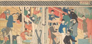 Sala de ventas en el edificio de comercio exterior en Yokohama de Sadahide Utagawa