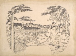 Dos mujeres admirando las vistas desde un punto de observación... el Templo Zenpukuji, siglo XIX de Sadahide Utagawa