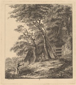 Un Pescador y Dos Niños en un Paisaje con Cabañas de Paja de Salomon Gessner