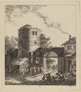 Aldeanos en la puerta de una ciudad saludando a un dignatario de Salomon Gessner