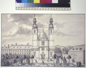 Página completa: vista frontal de la iglesia de los Servitas en el suburbio de Rossau (dibujo a pluma y tinta)