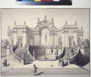 Página completa: palacio ajardinado en los jardines del palacio Liechtenstein, Rossau, Viena (dibujo a pluma y tinta)